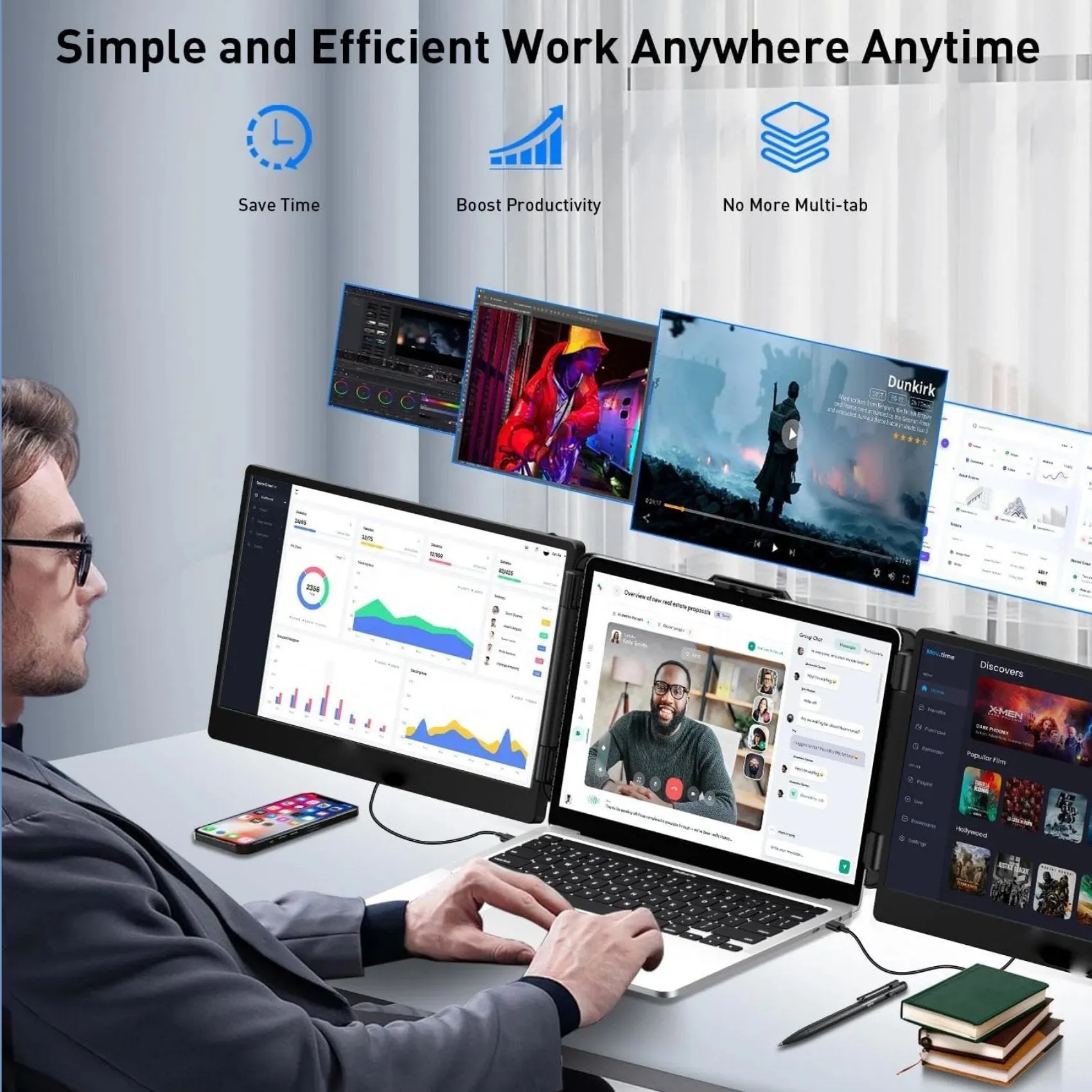 TUTT S2 FHD 14” Dual Portable Laptop Monitor Extender 1080P IPS Built-in Stand and Speakers | Plug and Play | H5 HD Video Conversion Cable | Technical Support Line | for 13"-17"