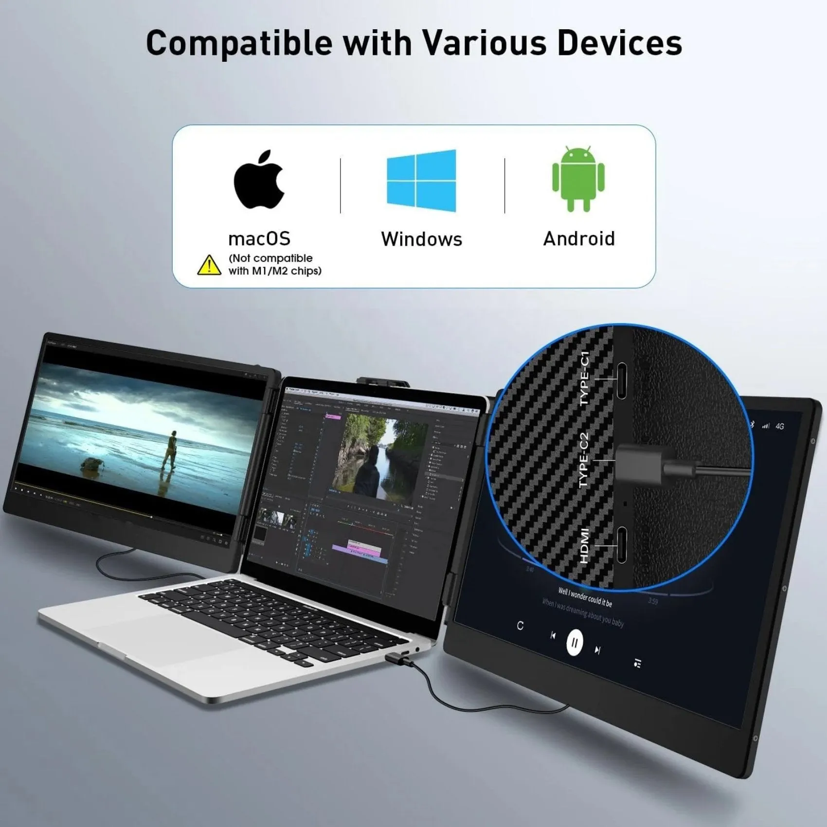 TUTT S2 FHD 14” Dual Portable Laptop Monitor Extender 1080P IPS Built-in Stand and Speakers | Plug and Play | H5 HD Video Conversion Cable | Technical Support Line | for 13"-17"