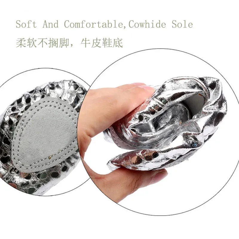 USHINE new style gold silver body-shaping training Yoga slippers shoes gym belly ballet dance shoes children girls woman